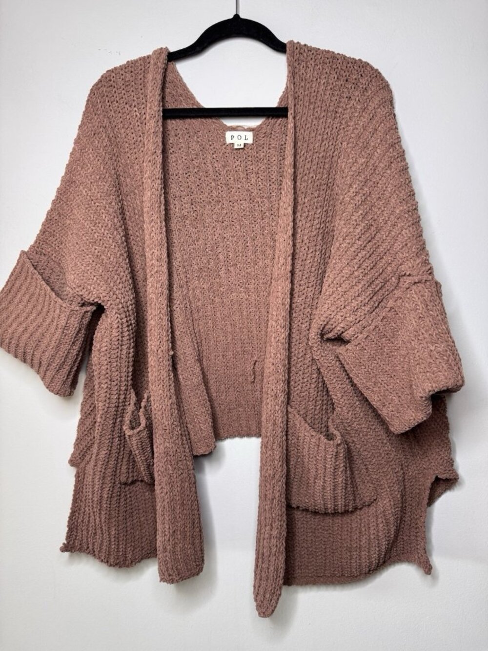 POL CLOTHING LONG SLEEVE POCKETS SOLID CHUNKY KNIT SWEATER CARDIGAN BROWN M